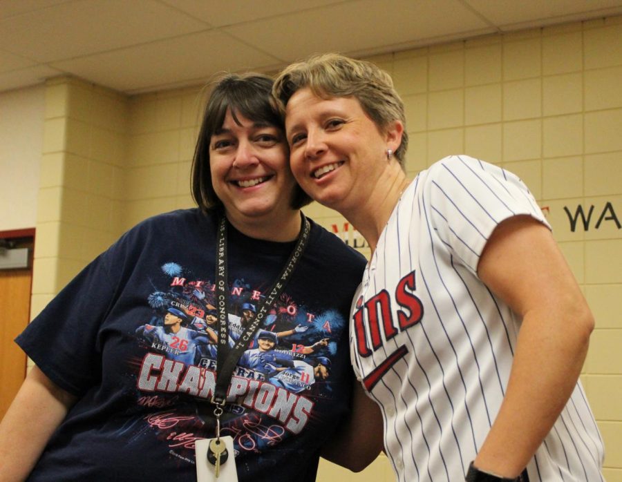 Ms. Harmon and Ms. Schellin show their support for the 2019 AL Central Division Champion Minnesota Twins on Sports Day.