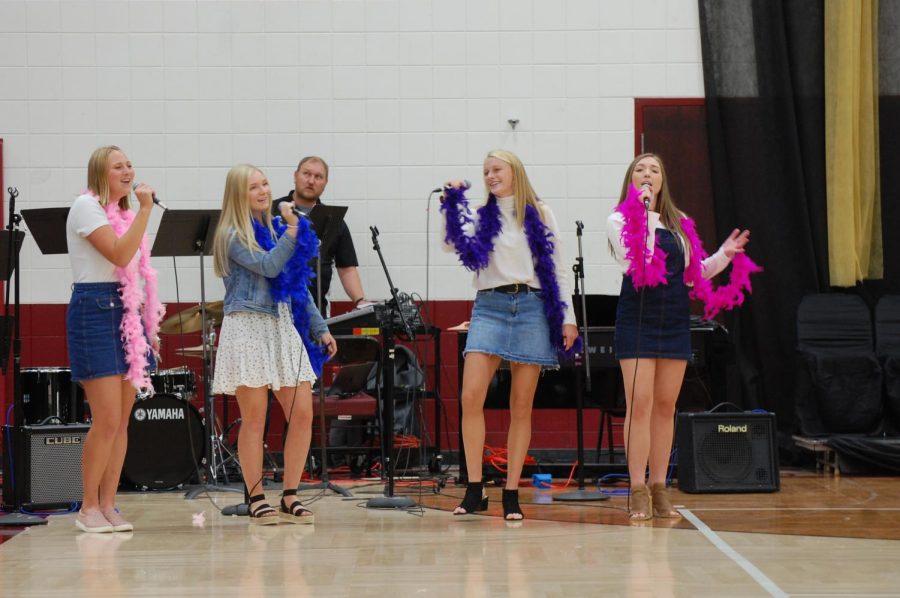 Choir students perform Dancing Queen during the pep fest.