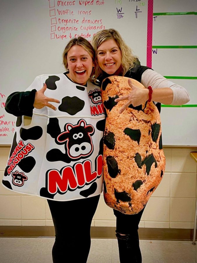 FACS teachers Ms. Balfe and Ms. Hirsch are milk and cookies.